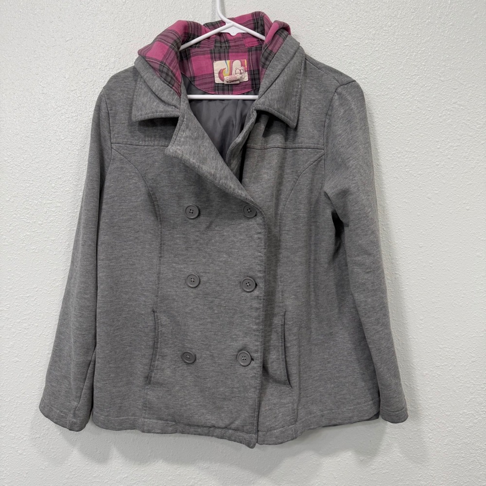 OP Ocean Pacific Girls Size XL Pink Plaid Lined Double Breasted Gray Jacket